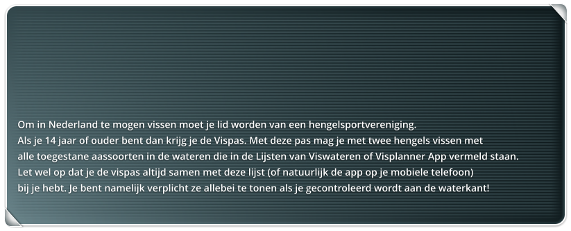 Om in Nederland te mogen vissen moet je lid worden van een hengelsportvereniging.  Als je 14 jaar of ouder bent dan krijg je de Vispas. Met deze pas mag je met twee hengels vissen met  alle toegestane aassoorten in de wateren die in de Lijsten van Viswateren of Visplanner App vermeld staan.  Let wel op dat je de vispas altijd samen met deze lijst (of natuurlijk de app op je mobiele telefoon)  bij je hebt. Je bent namelijk verplicht ze allebei te tonen als je gecontroleerd wordt aan de waterkant!