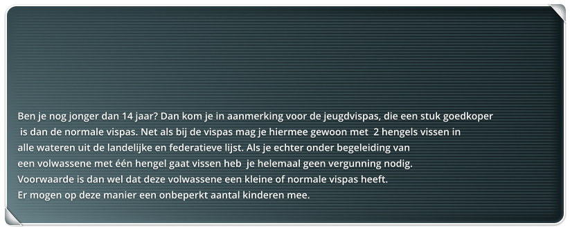 Ben je nog jonger dan 14 jaar? Dan kom je in aanmerking voor de jeugdvispas, die een stuk goedkoper  is dan de normale vispas. Net als bij de vispas mag je hiermee gewoon met  2 hengels vissen in  alle wateren uit de landelijke en federatieve lijst. Als je echter onder begeleiding van  een volwassene met n hengel gaat vissen heb  je helemaal geen vergunning nodig.  Voorwaarde is dan wel dat deze volwassene een kleine of normale vispas heeft.  Er mogen op deze manier een onbeperkt aantal kinderen mee.