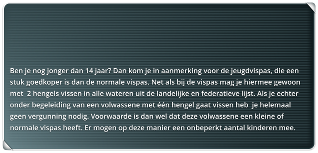 Ben je nog jonger dan 14 jaar? Dan kom je in aanmerking voor de jeugdvispas, die een stuk goedkoper is dan de normale vispas. Net als bij de vispas mag je hiermee gewoon met  2 hengels vissen in alle wateren uit de landelijke en federatieve lijst. Als je echter onder begeleiding van een volwassene met n hengel gaat vissen heb  je helemaal geen vergunning nodig. Voorwaarde is dan wel dat deze volwassene een kleine of normale vispas heeft. Er mogen op deze manier een onbeperkt aantal kinderen mee.